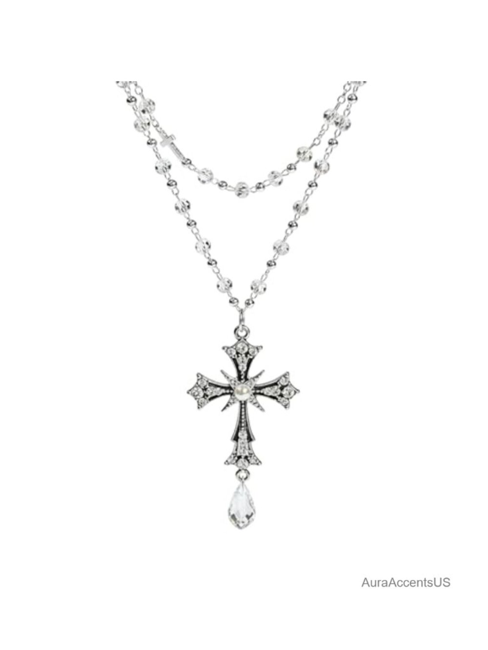 Rhinestone Cross Pendant Necklace 32" Layered Gothic Rosary
